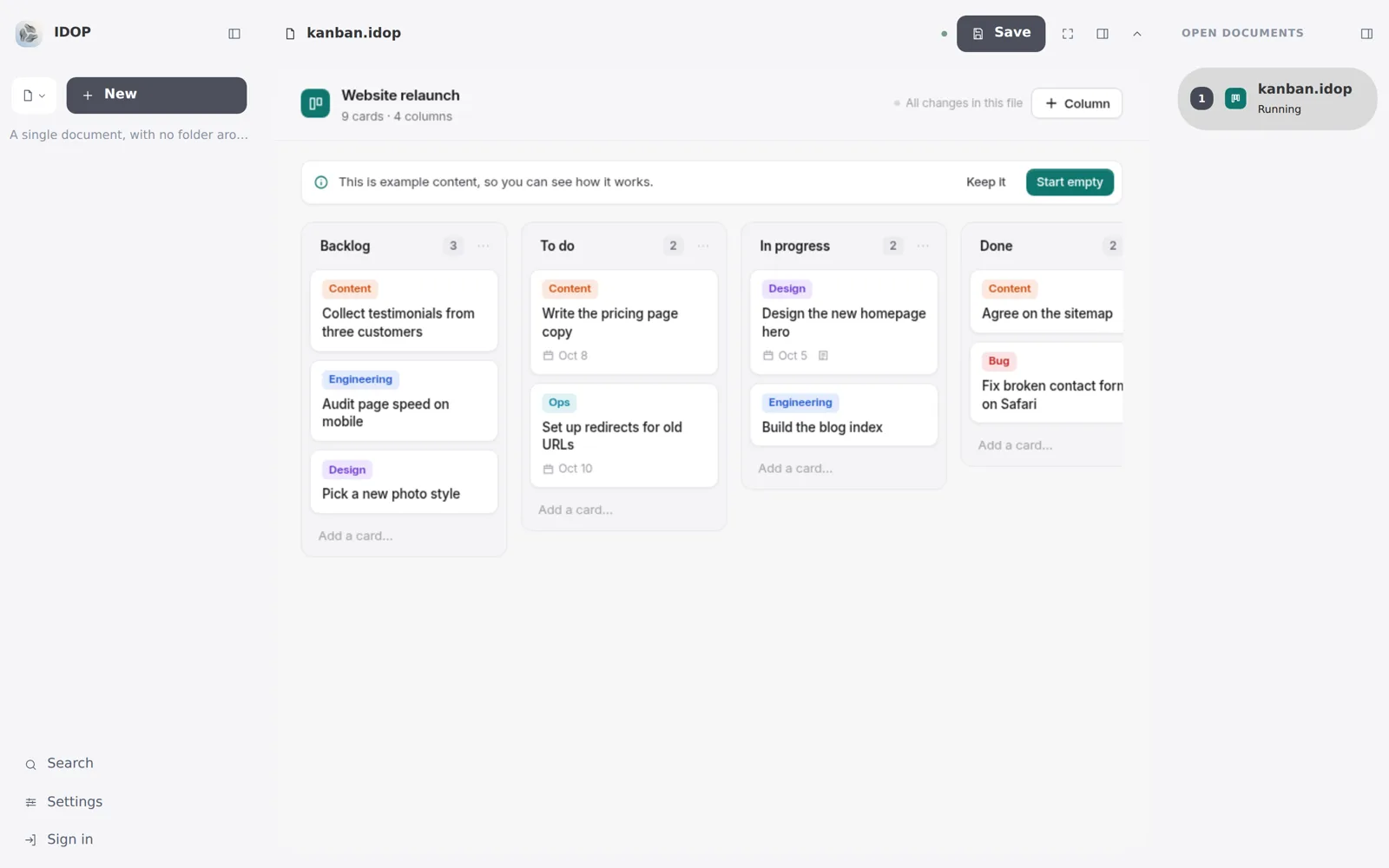 IDOP Cloud with the Kanban template open: four columns of task cards, a Save button, and the list of open documents.