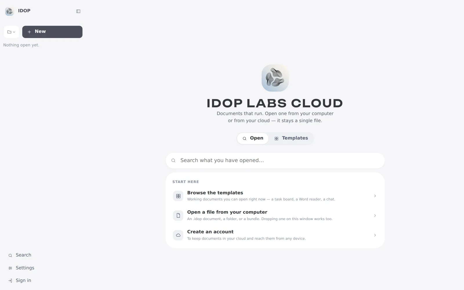 The IDOP Cloud start screen, with Open and Templates, and the gallery of templates below.